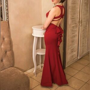 Sequin Hearts Cut Out Back Mermaid Dress With Ruffles Burgundy